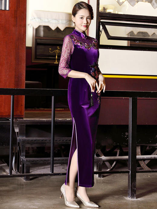 DLQ-A2640新款中国风优雅气质修身立领七分袖丝绒刺绣长款礼服裙TZF 商品图2