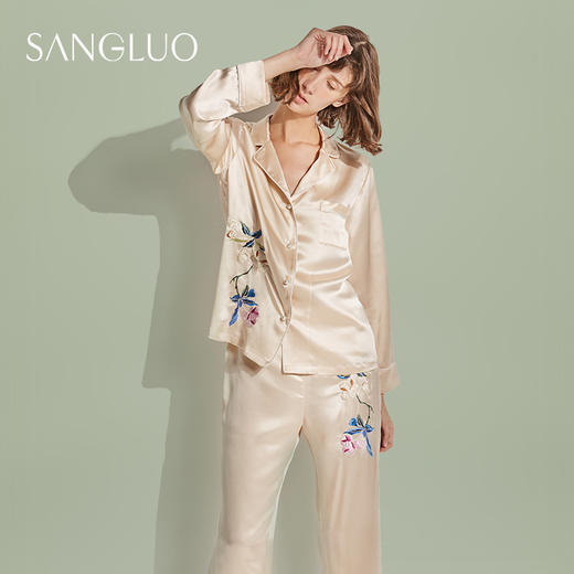 【ELLEMall】真丝睡衣刺绣套装SANGLUO桑罗印花长袖两件套家居服 商品图0