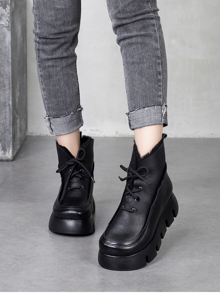 t872162全羊毛厚底靴真皮短靴2020冬款羊皮毛一体女靴子保暖棉鞋牛皮