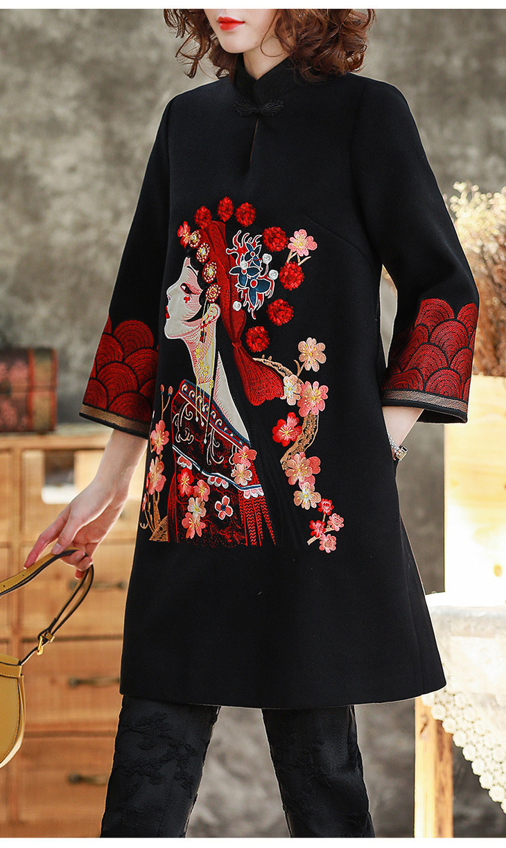 新款复古立领京剧刺绣七分袖毛呢连衣裙kds1053