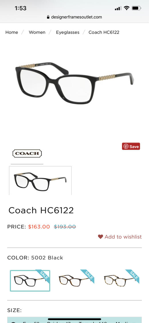 折后163美元！Coach气质特别款 光学镜架 商品图1