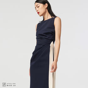 【蓝调多瑙河】AtelierMissLu设计师褶皱藏蓝微光泽修身连衣裙/0000465D