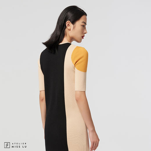 【独立圆月】AtelierMissLu趣味拼色双圆片直筒绵羊毛长款连衣裙 商品图1