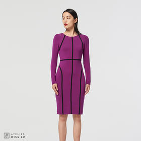 [提线玩偶]AtelierMissLu心机线条芍药紫撞色羊毛修身高弹连衣裙