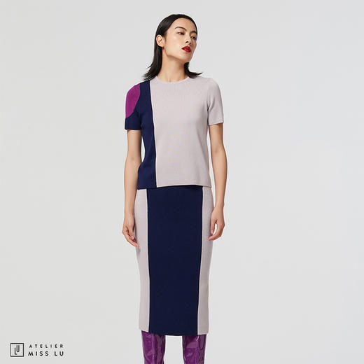 【马赛克黄昏】AtelierMissLu设计师拼色绵羊毛修身高弹半裙 商品图0