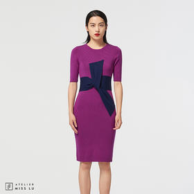 [大叉不差]AtelierMissLu玩味交叉结芍药紫绵羊毛修身高弹连衣裙