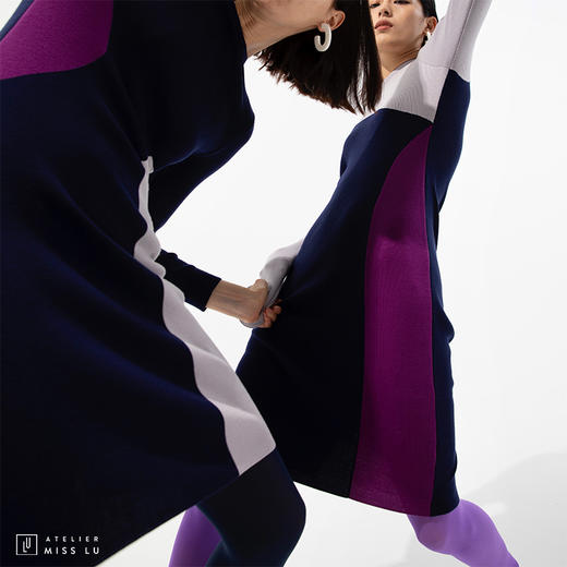 [跳跃戏法]AtelierMissLu趣味设计几何撞色绵羊毛修身高弹连衣裙 商品图3