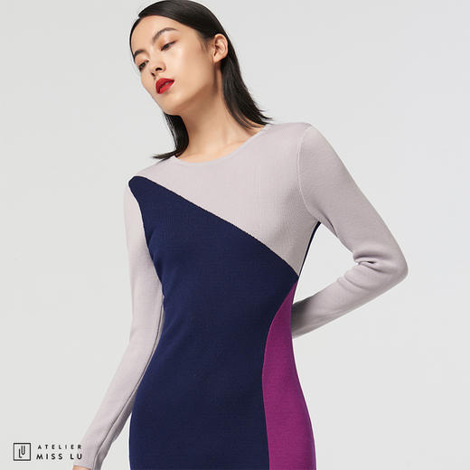[跳跃戏法]AtelierMissLu趣味设计几何撞色绵羊毛修身高弹连衣裙 商品图1
