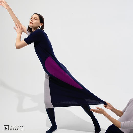 【独立圆月】AtelierMissLu趣味拼色双圆片直筒绵羊毛长款连衣裙 商品图3