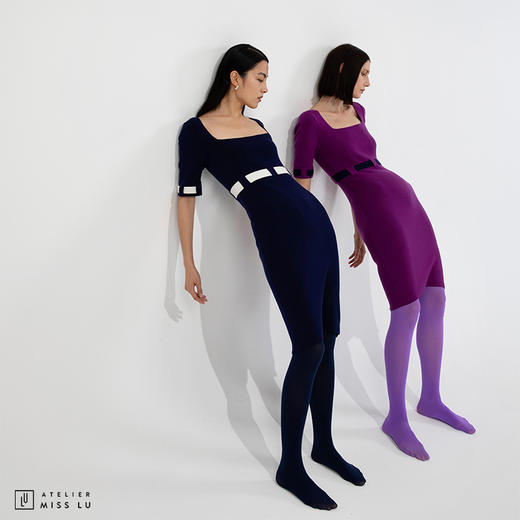 [冬日轨迹 ]AtelierMissLu设计师方领芍药紫绵羊毛修身高弹连衣裙 商品图3