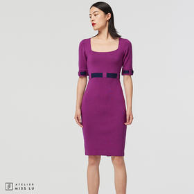 [冬日轨迹 ]AtelierMissLu设计师方领芍药紫绵羊毛修身高弹连衣裙