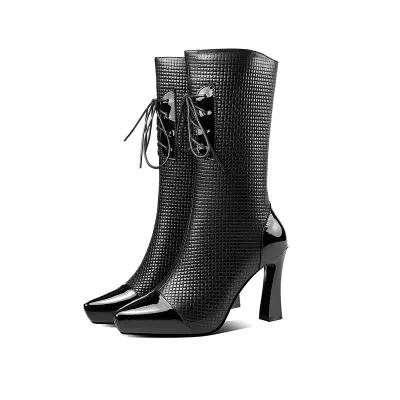 OLD-723-11 2020新款靴子女中筒靴牛皮女鞋骑士靴粗跟秋冬季高跟鞋马丁靴女靴 商品图1