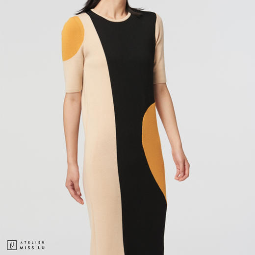 【独立圆月】AtelierMissLu趣味拼色双圆片直筒绵羊毛长款连衣裙 商品图4