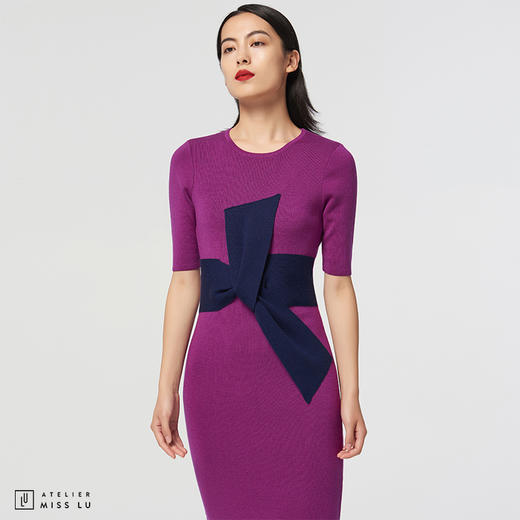 [大叉不差]AtelierMissLu玩味交叉结芍药紫绵羊毛修身高弹连衣裙 商品图1