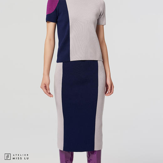 【马赛克黄昏】AtelierMissLu设计师拼色绵羊毛修身高弹半裙 商品图2