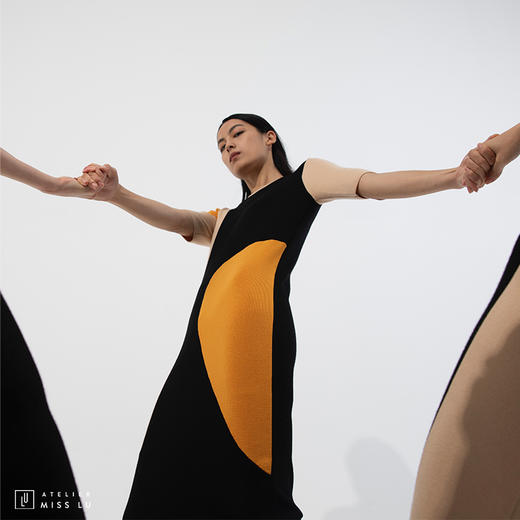 【独立圆月】AtelierMissLu趣味拼色双圆片直筒绵羊毛长款连衣裙 商品图3