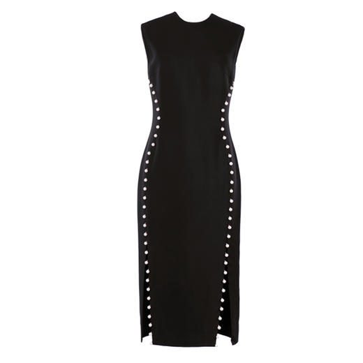 【黑夜微光】AtelierMissLu 后背V领珍珠手订开叉黑色微光泽修身连衣裙/0000674 商品图4