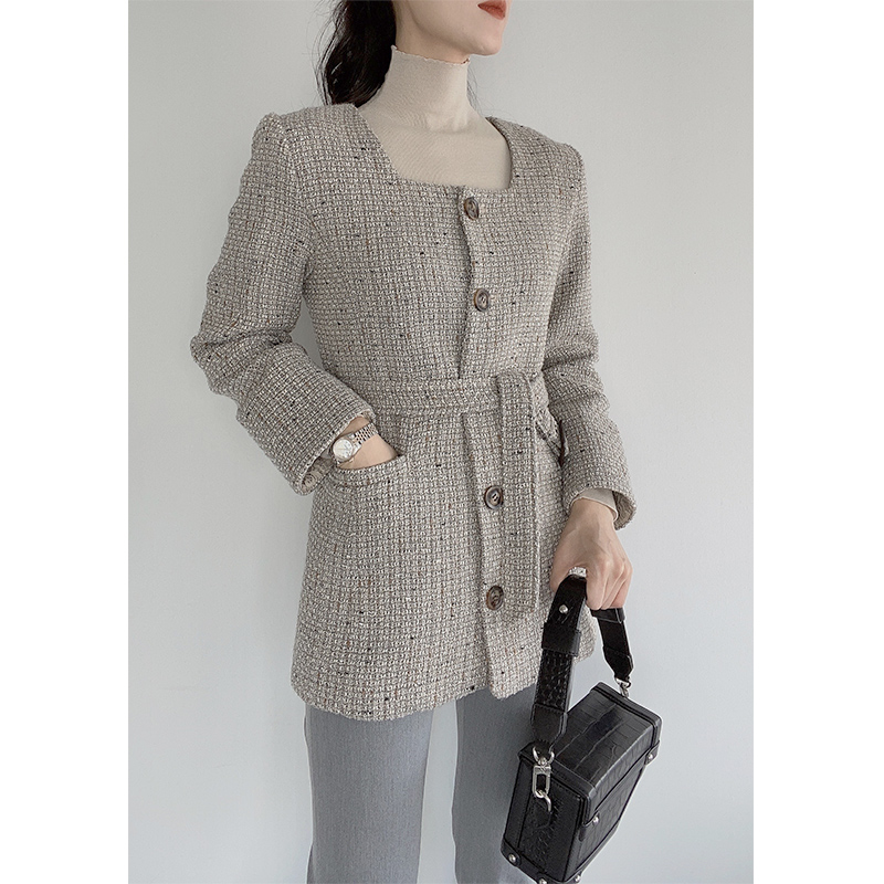 羊毛粗花呢复古方领小香西装外套