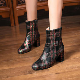 CD-X388-2C秋冬新款圆头粗跟格子短靴