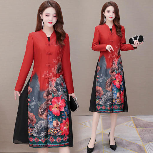 YWE-LA39秋季新款复古气质印花连衣裙两件套 商品图2