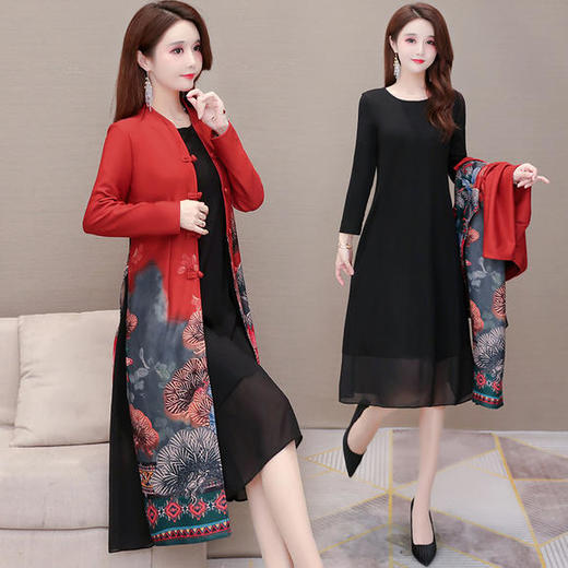 YWE-LA39秋季新款复古气质印花连衣裙两件套 商品图1