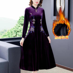 AHM-yq6667秋冬中年加绒红色丝绒连衣裙