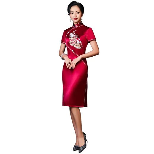 HS2008新款高端优雅气质修身立领短袖中长款刺绣旗袍裙 商品图4