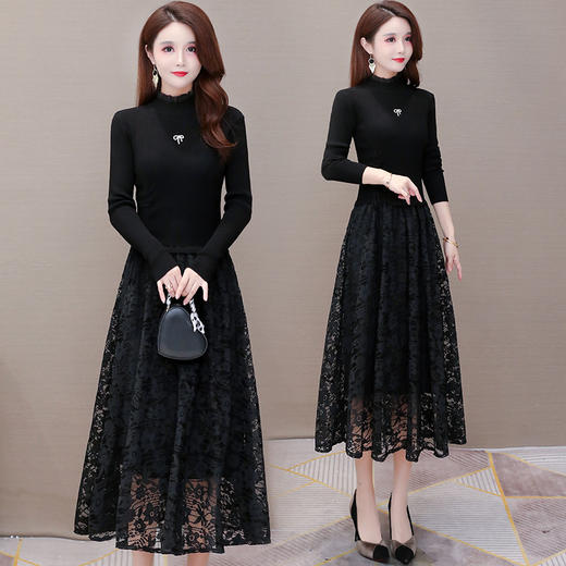 YWE  H58033蕾丝拼接气质修身显瘦针织减龄连衣裙 商品图1