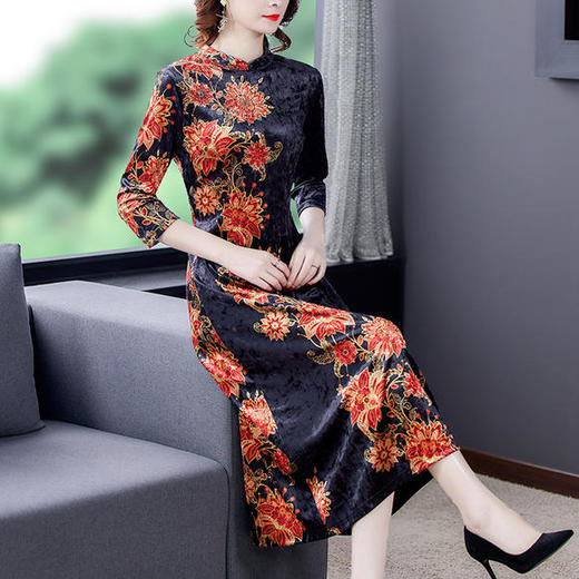 AHM-hzj2090秋季新款高贵气质修身显瘦印花金丝绒旗袍裙 商品图0