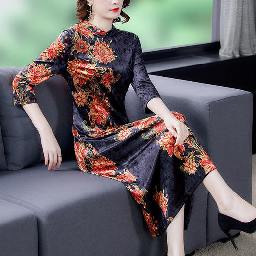 AHM-hzj2090秋季新款高贵气质修身显瘦印花金丝绒旗袍裙 商品图1