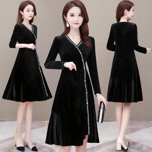 YWE-MY-M198修身显瘦V领长袖中长款金丝绒连衣裙【优】 商品图2