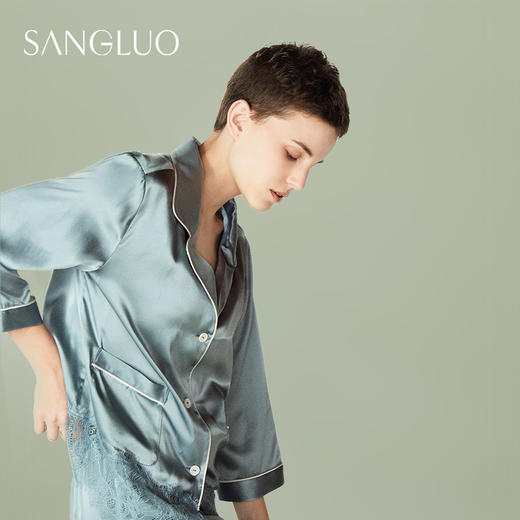SANGLUO桑罗INS睡衣蕾丝拼接长袖套装简约女家居服 商品图2