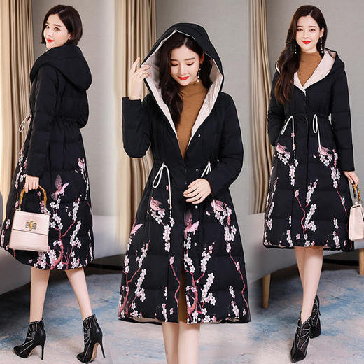 WZNH-HRYZ6917新款时尚气质修身百搭连帽中长款印花棉服 商品图2