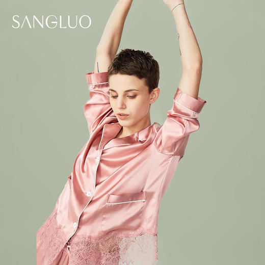 SANGLUO桑罗INS睡衣蕾丝拼接长袖套装简约女家居服 商品图1