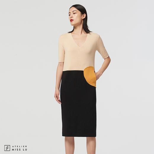 [半颗荷包蛋]AtelierMissLu趣味设计口袋三拼色绵羊毛直筒连衣裙 商品图0