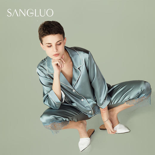 SANGLUO桑罗INS睡衣蕾丝拼接长袖套装简约女家居服 商品图4