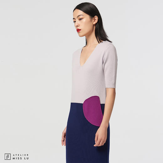 [半颗荷包蛋]AtelierMissLu趣味设计口袋三拼色绵羊毛直筒连衣裙 商品图1