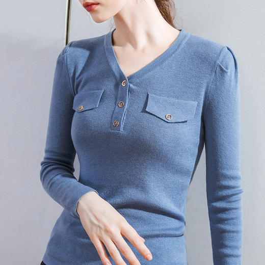 DY-AL50111羊毛针织衫V领长袖纯色纽扣上衣2020秋冬新款女装韩版温柔风毛衣 商品图3
