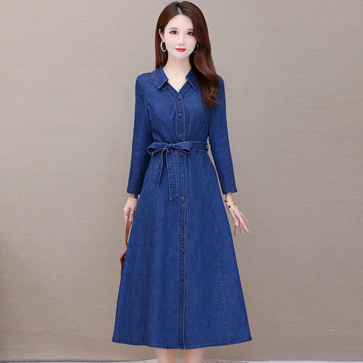 YWE-KED91332新款时尚气质修身翻领长袖中长款牛仔开衫式风衣裙 商品图0