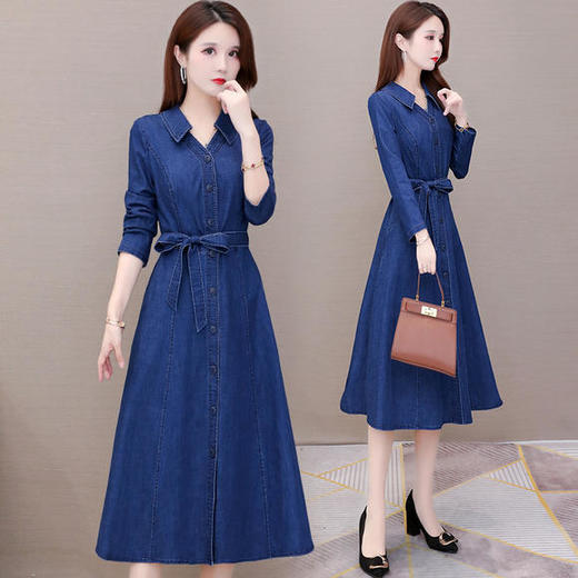 YWE-KED91332新款时尚气质修身翻领长袖中长款牛仔开衫式风衣裙 商品图2
