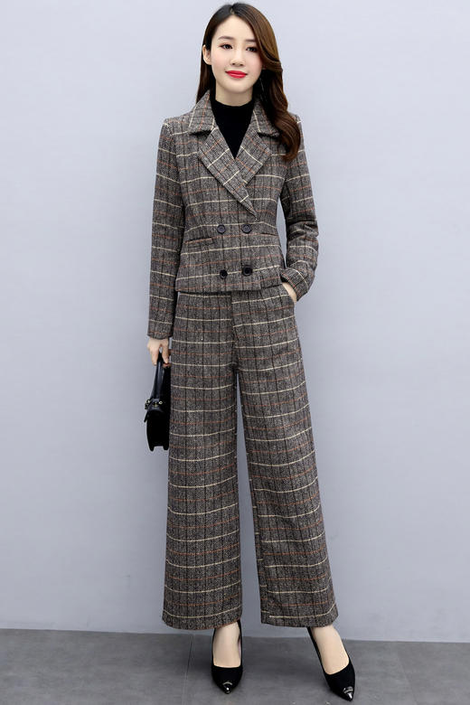 WZNH-LDB3736时尚格子毛呢上衣阔腿裤两件套 商品图5