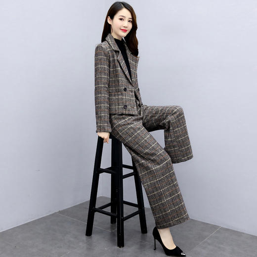 WZNH-LDB3736时尚格子毛呢上衣阔腿裤两件套 商品图3