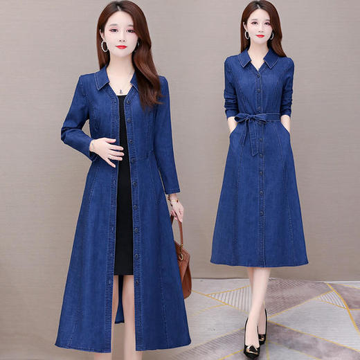 YWE-KED91332新款时尚气质修身翻领长袖中长款牛仔开衫式风衣裙 商品图1