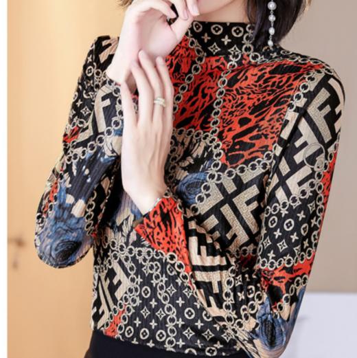 MZ-MZ7162秋冬季新款高领印花网纱加绒打底衫 商品图2