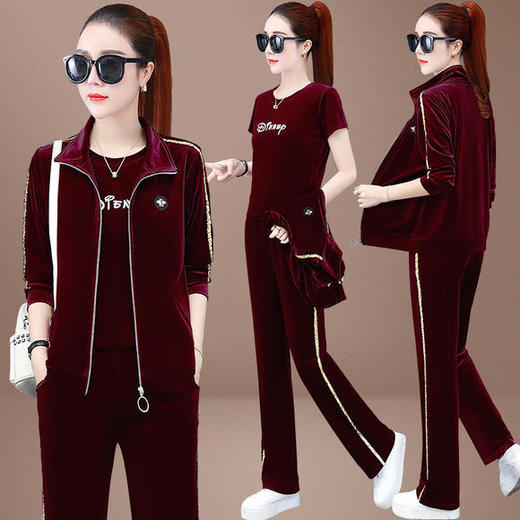 HT-1195休闲时尚显瘦金丝绒三件套运动套装 商品图2