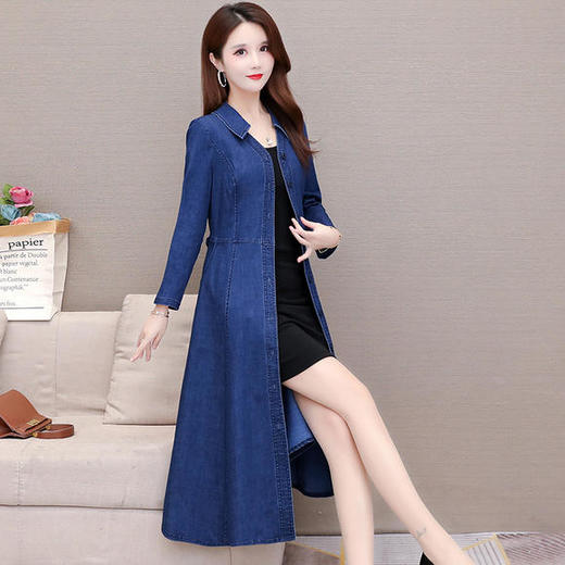 YWE-KED91332新款时尚气质修身翻领长袖中长款牛仔开衫式风衣裙 商品图3