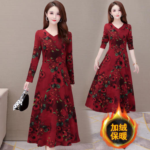 QYM-FL-20A699-Y新款时尚优雅气质修身加绒加厚印花连衣裙 商品图0