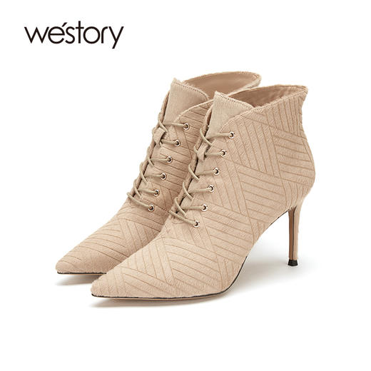 westory2020冬季新款真皮系带小牛皮时装靴高跟靴女W20DS80361 商品图2