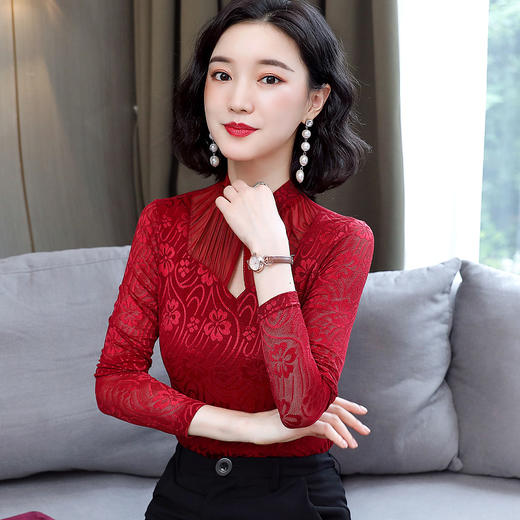 HM-2005蕾丝长袖打底衫女2020秋冬新款气质百搭女士修身网纱上衣 商品图1