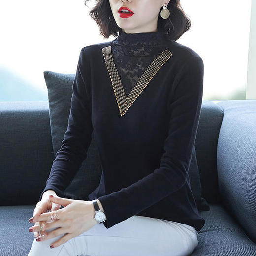 KQL-333秋冬新款加厚德绒蕾丝拼接半高领镶钻时尚百搭打底衫 商品图2